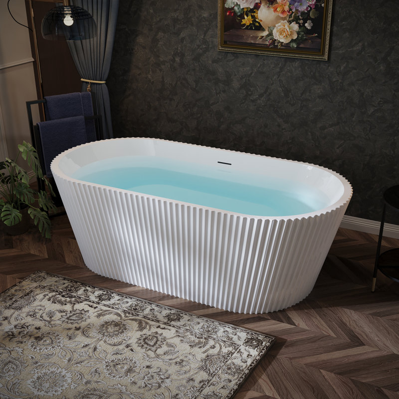 67" Acrylic Freestanding Bathtub, Modern Deep Soaking Tub w/ Overflow & Glossy White Pop-Up Drain, Fluted Oval Shape Stand Alone Soaker Tub for Bathroom Remodel Projects, Glossy White
