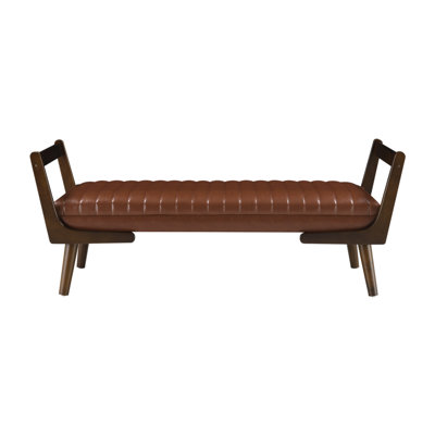 52" Mid Century Bench With Walnut Wood Leg,Channeled Upholstered Footrest Stool For Kitchen, Living Room, Bedroom, Entryway, End Of Bed. PU Cognac