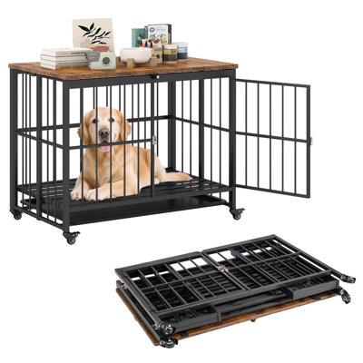  Foldable Dog Crate Furniture w/Removable Tray Lockable Door Lockable Wheels