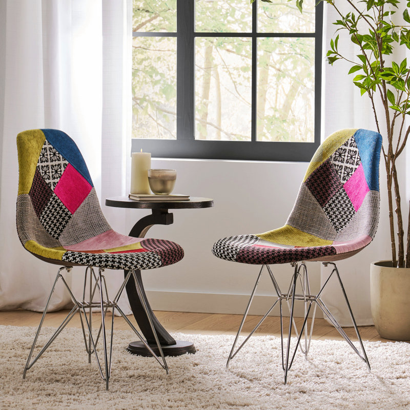 Patchwork Accent Chair Bohemian Style Fabric? Chair With Chromed Legs Geometric Pattern Chair, 18"D X 21"W X 32"H, Set Of 2