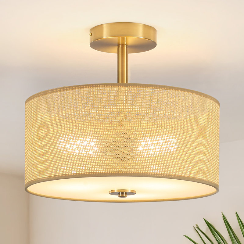 3 Lights Rattan Light Fixtures Ceiling Mount, Gold Boho Semi Flush Mount Ceiling Light, 14" Rustic Drum Light With Hand-woven Shade For Dining Room, Kitchen, Bedroom, Hallway, Foyer, Farmhouse