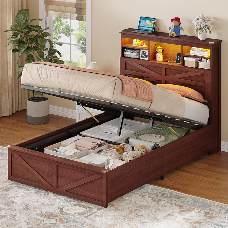 Farmhouse Twin Bed Frame with Hydraulic Lift Storage, LED Lights & Charging Station, Brown, Twin, Brown