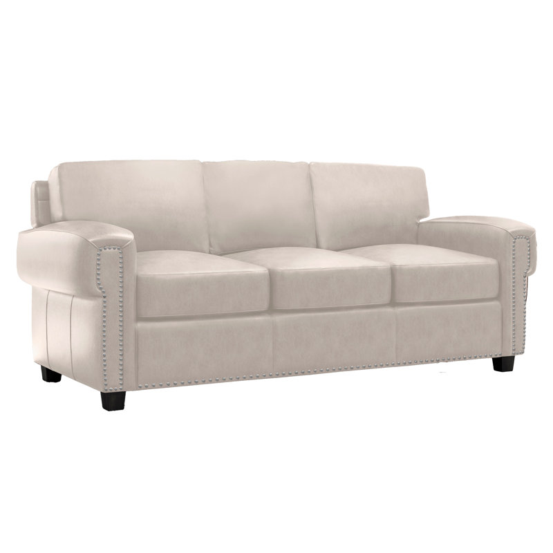  Canapé à accoudoirs carrés en cuir véritable 87 po Fardin, Cuir véritable blanc