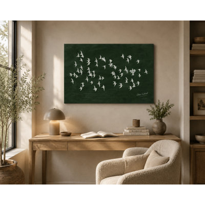 Flying White Birds Canvas Wall Art, Dark Green Flock Painting, Bayland Wrapped Canvas Decor