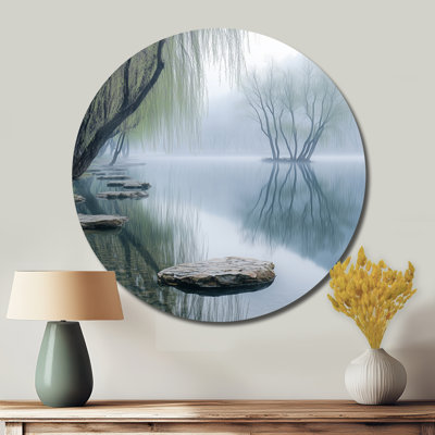 Scène de lac calme avec saule au Canada - art mural rond floral en métal