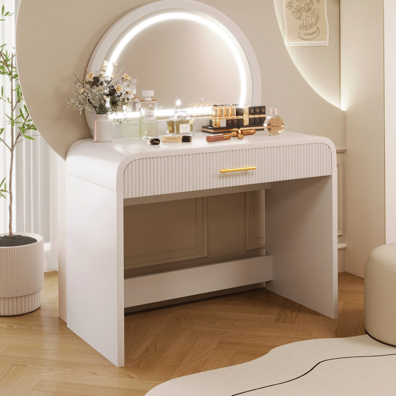 39" White Makeup Vanity Table For Bedroom. Touch Screen Mirror With Lights & Drawer. Elegant Curved Design. Enough Storage Cosmetics. And Functional. Simple Installation Steps