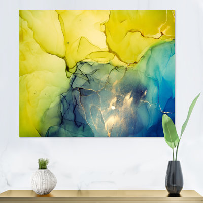 Jaune et bleu, vagues de marbre II - peinture sur toile