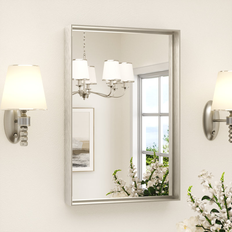 Miroir de salle de bain rectangulaire avec cadre en aluminium et verre trempé, 24 po x 16 po, Nickel