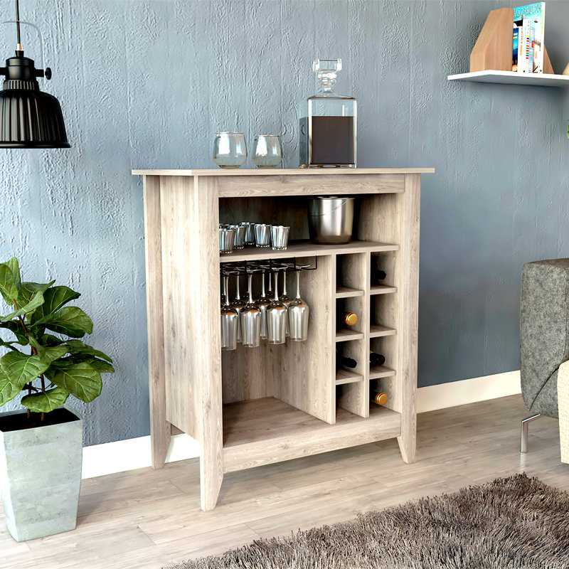 Essential Bar Cabinet, One Open Shelf, Six Built-In Wine Rack, One Drawer -Light Gray