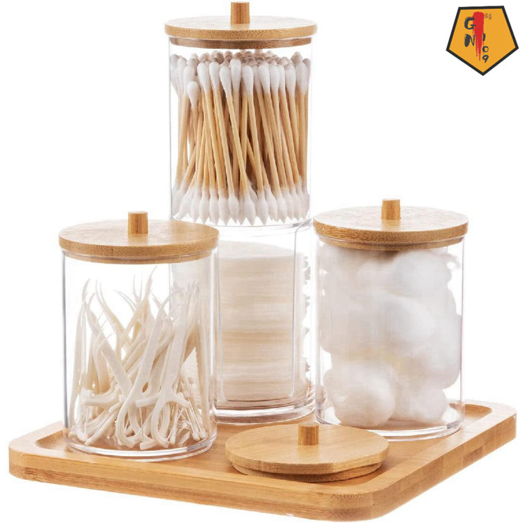 4 Pack Qtip Holder Dispenser with Bamboo Lids – 10 Oz Clear