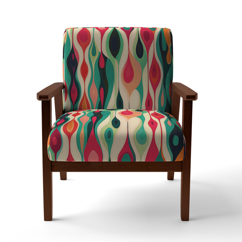 Retro Abstract Drops XI - Velvet Upholstered Midcentury Arm Chair, Midcentury Accent Chair, Red/Green Polyester
