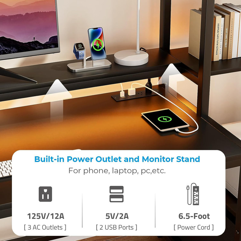 Aliette L-Shaped Steel Computer Desk with Built-In Electrical Outlet, 29.5" H x 59" W x 18.9" D, Black