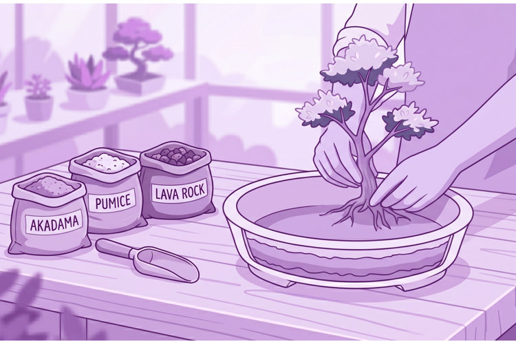 A purple-toned vector illustration showing a person's hands potting a small bonsai tree into a shallow, oval container on a wooden table. To the left are three small sacks labeled 'AKADAMA', 'PUMICE', and 'LAVA ROCK', alongside a soil scoop. In the background, other potted plants are visible on a shelf within a greenhouse setting.