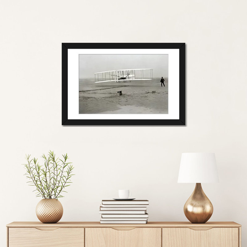 "The Wright Brothers - First Flight" par Kitty Hawk, reproduction de photo sur toile, Papier d'art encadré noir