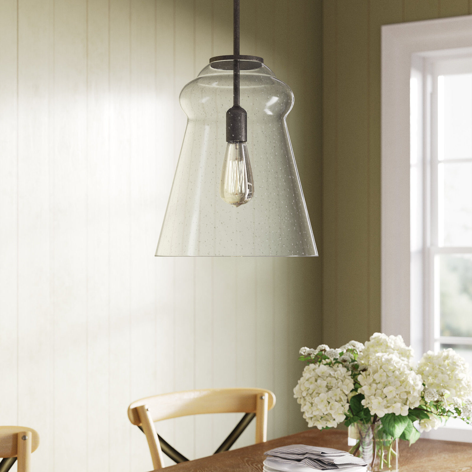 Single Light Glass Steel Dimmable Pendant, Dark Weathered Iron