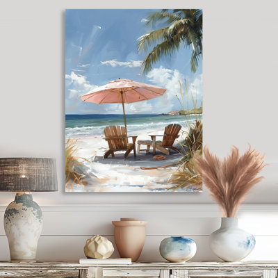 «Pink Beach Chairs In Tropical Scenery I», reproduction d'art mural plage
