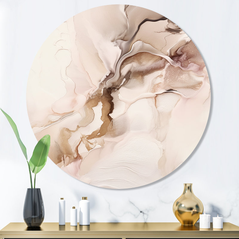 Brun délicat, marbre délicat I - art abstrait rond en marbre sur métal, H 16 po x l 16 po x P 1 po