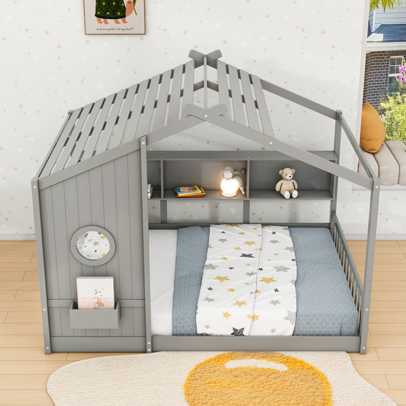 Wooden House-Shaped Floor Bed With Built-In Storage Shlves And Slats, Gray, Full