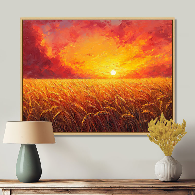 Coucher de soleil sur le champ de blé III - campagne grand art mural, H 16 po x l 32 po, Cadre flottant, Crème, crème
