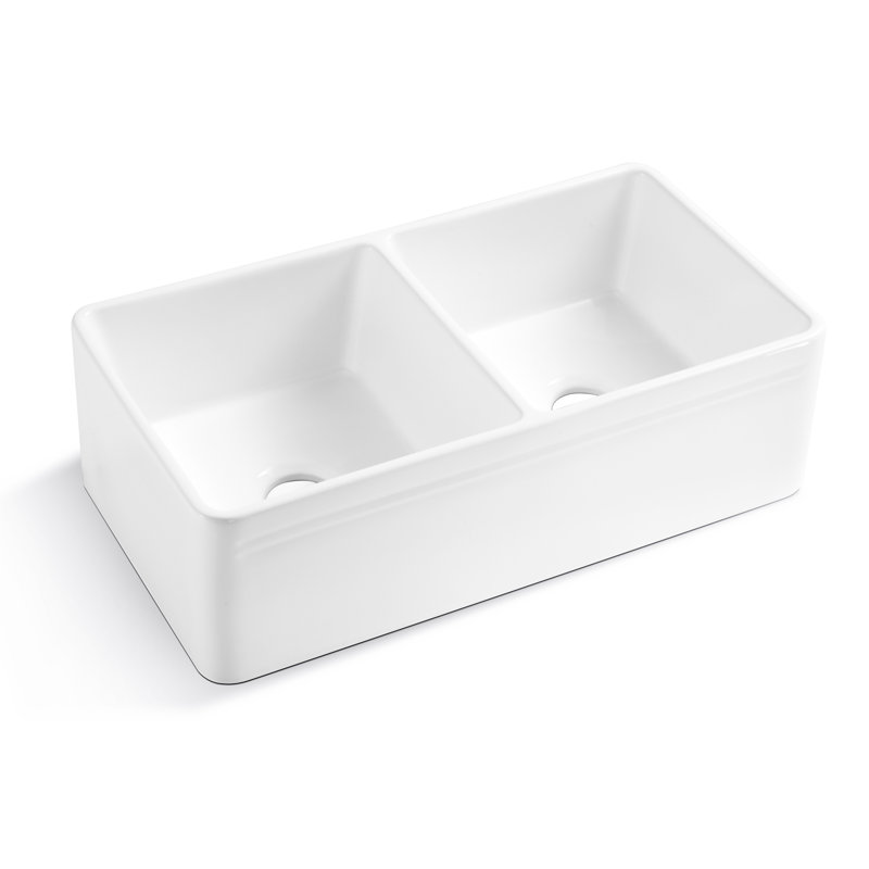 Tablier blanc en céramique, double cuve encastrée, fini, 18 po x 10 po x 33 po, 93 lb, avant encastré, cuve, teinté, 33 po x 18 po x 10 po,