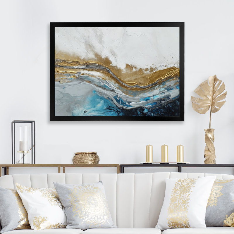 Gris, or moderne abstrait contemporain IV - art abstrait sur toile marbrée, Cadre simple noir, H 24 po x l 32 po x P 1 po