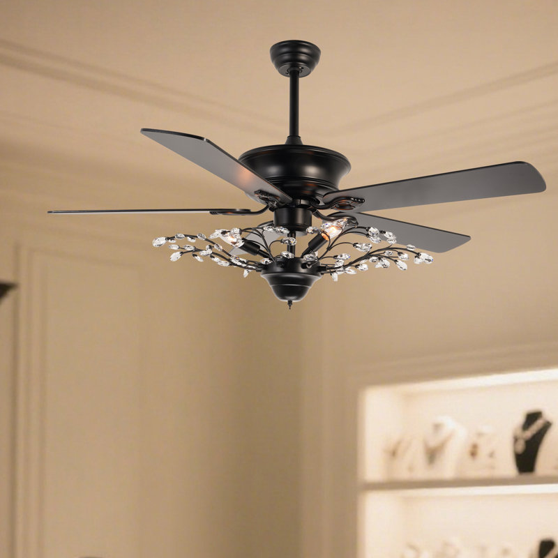 Ventilateur de plafond 52 po avec branches en cristal noir avec lumière et télécommande, pales réversibles