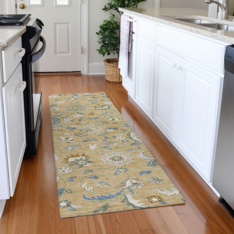 Tapis floral Goulven AMF1006 lavable à la machine de qualité supérieure, Tapis de couloir 2 pi 3 po x 7 pi 6 po