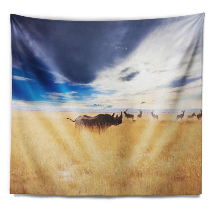Tapisserie bord de mer avec rhinocéros et antilopes Seashore, H 50 po x l 60 po