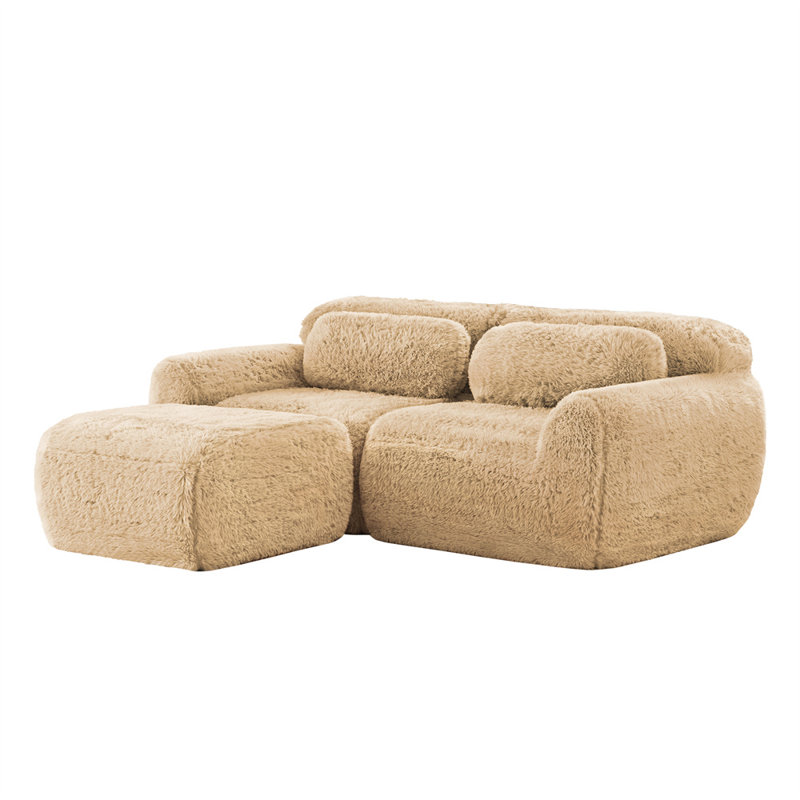 80.3" L-Shaped 2-Seater Sofa with Ottoman, Light Khaki Fabric