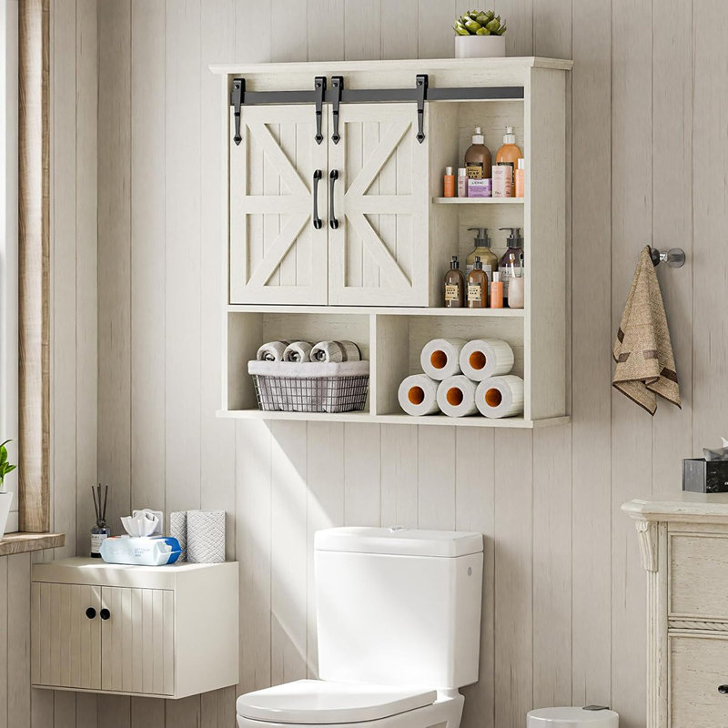 Armoire murale blanche pour salle de bain Farmhouse - Portes de grange coulissantes doubles avec tablettes réglables