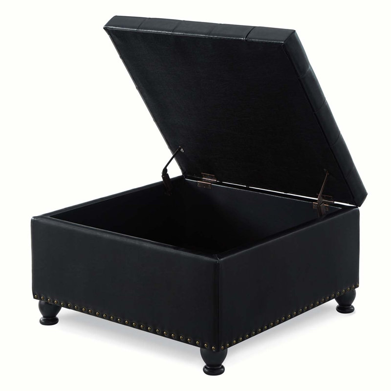 Large Square Storage Ottoman With Wooden Legs, Upholstered Button Tufted Coffee Table With Nail Trims, Black