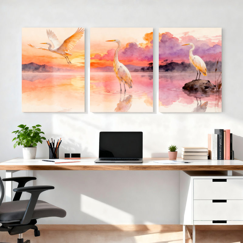 Ensemble de 3 tableaux muraux aquarelle représentant un coucher de soleil avec des aigrettes, H 30 po x l 60 po