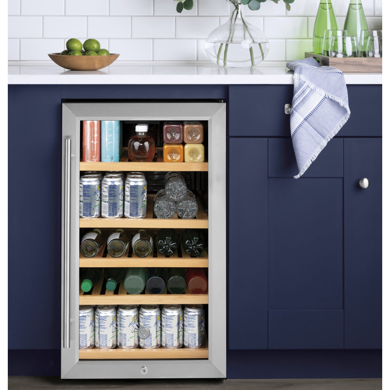 Stainless Steel Freestanding Beverage Refrigerator with Oak Shelves
