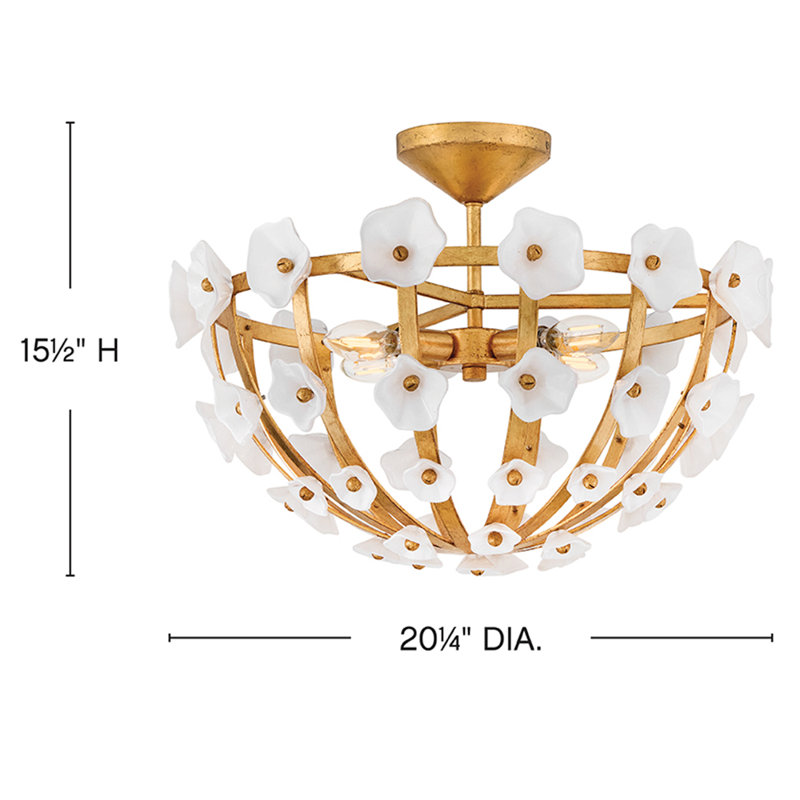 Distressed Brass and White Glass Floral LED Semi-Flush Mount