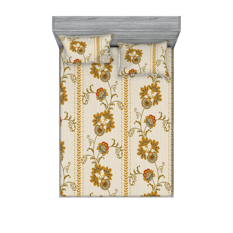 Drap-housse et taies décoratives 3 pièces Ambesonne, Brun clair pâle / motif floral jaune foncé