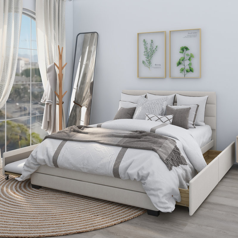 Grand lit à panneau avec rangement DeHond, Beige
