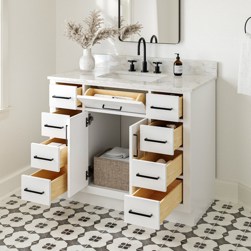 Meuble-lavabo simple en bois massif 42 po avec plateau en marbre de Carrare 0,75 po Jameal, Blanc, Forme rectangulaire