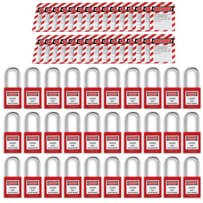 Lockout Tagout Locks Set 30 Red Loto Locks Keyed Different 2 Keys Per Lock OSHA Compliant Lock Out Tag Out Safety Padlocks with 30 Tags for Electrical Lockout Stations Devices