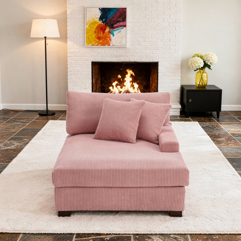 Milbrey Oversized Upholstered Chaise Lounge with Armrests & Throw Pillows, Corduroy, Pink, Right Hand Facing