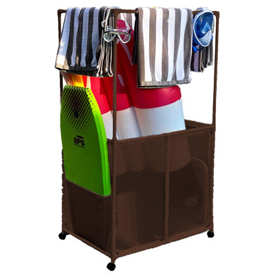 Pool Equipment Holder With Towel Drying Bars, Mesh Rolling Double Decker Multi Use Storage Organizer Bin