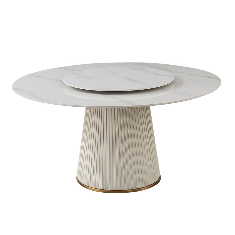 Table de salle à manger moderne en pierre frittée 59 po. Avec table tournante ronde de 31,5 po. Pour 8 personnes avec piédestal en bois et métal