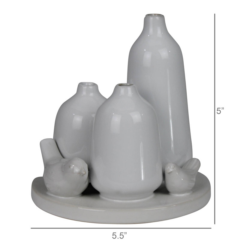 Vase Trio With Two Birds, Ceramic