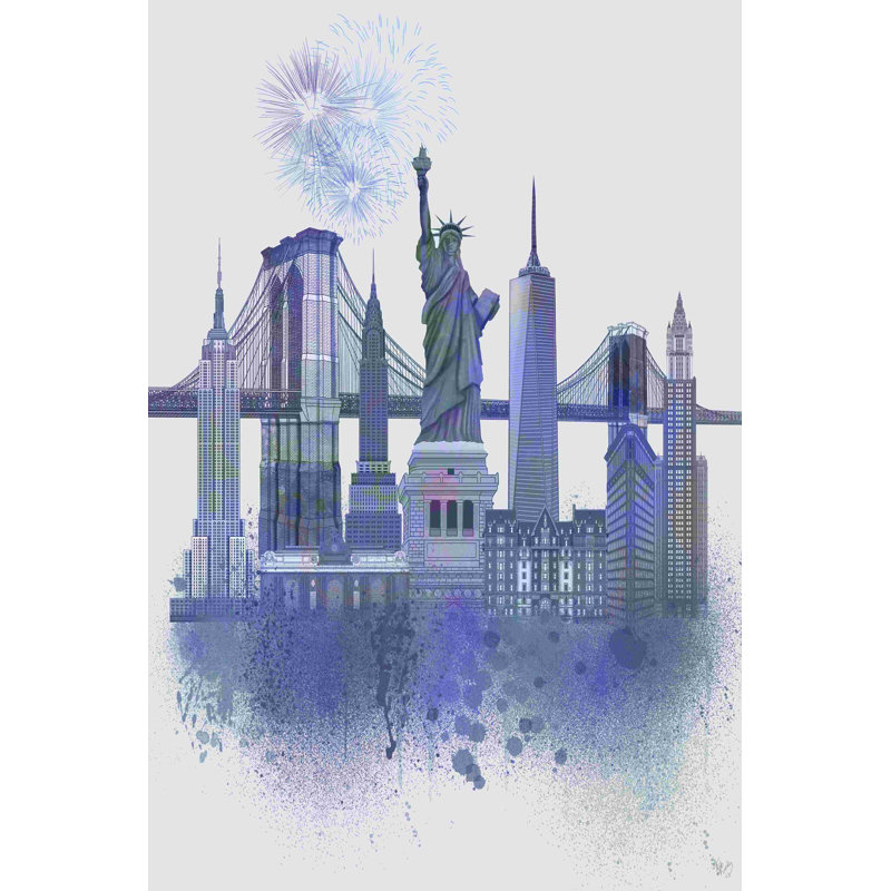 New York, horizon bleu, aquarelle, éclaboussures, H 18 po x l 12 po x P 1,25 po