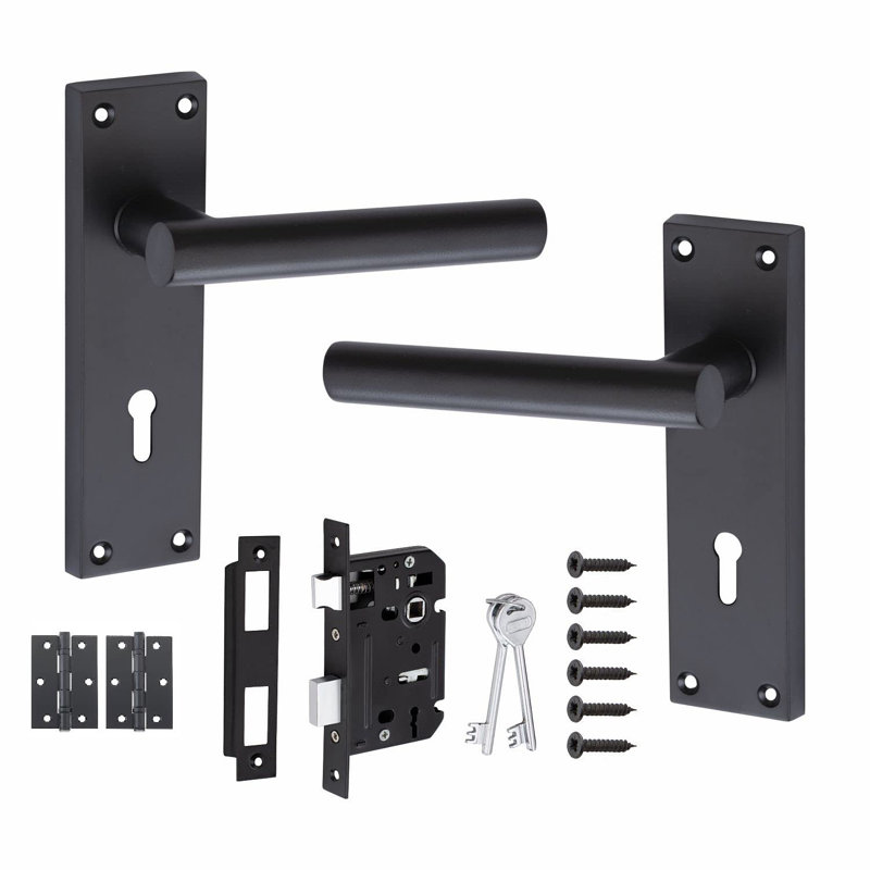  T-Bar Door Handles Set on Lever Backplate in Matt Black Finish Complete with Latch, Lock and 1 Pair of 3" Ball Bearing Hinges