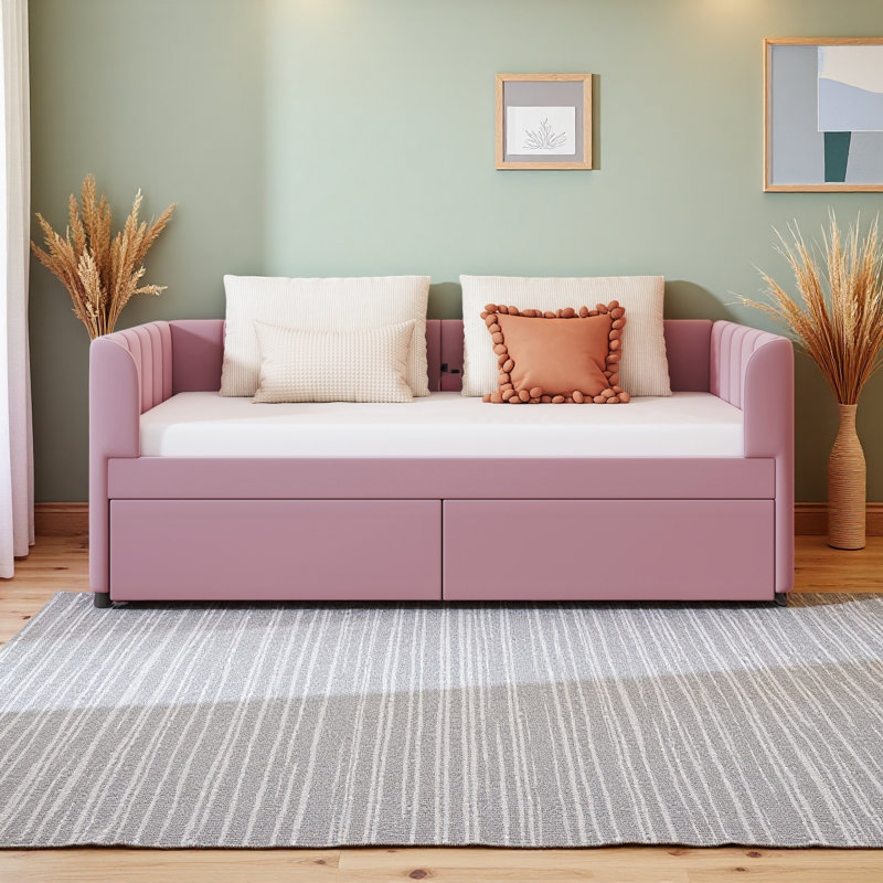 Lit de jour simple rembourré avec dossier ergonomique et 2 tiroirs, Rose