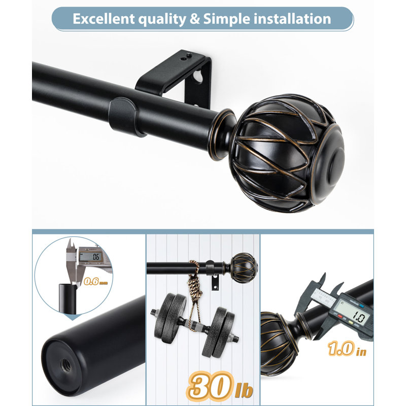 Beiba Adjustable Single Curtain Rod, Matte Black, 71” – 143”
