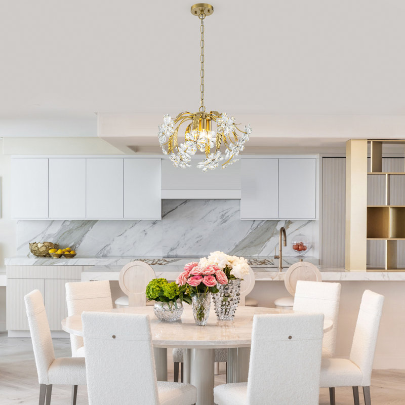 Crystal Flower Cluster Pendant, 4-Light Gold Orb Chandelier, 17.7" Dia, Adjustable Height For Sloped Ceilings, ETL Listed