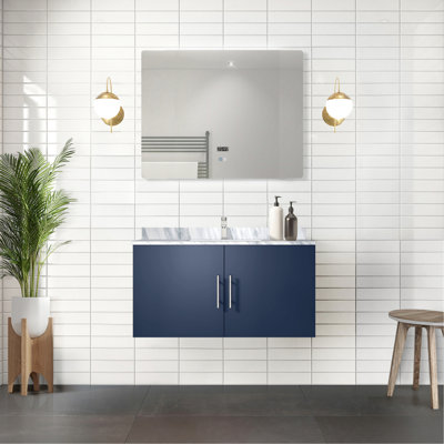 36 po Miroir à DEL avec meuble-lavabo et plateau en marbre bleu marine, bac de rangement spacieux, étagère à fermeture en douceur, support