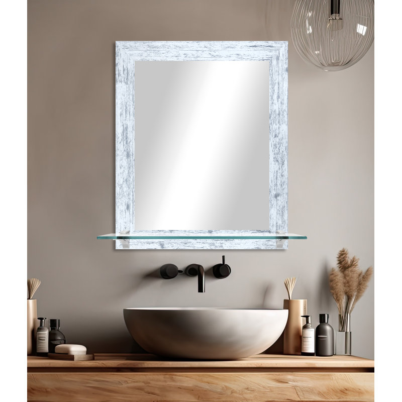Kridia Flat Wall Mirror, Vertical, 25.5" H x 21.5" W, White Weathered/Chrome