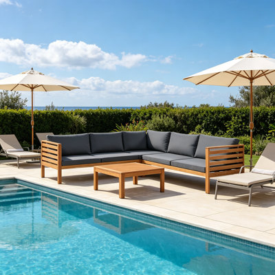 Ensemble de canapé modulaire d'extérieur en bois d'acacia avec coussins résistants à l'eau, mobilier de patio modulaire avec table basse, protégé contre les rayons UV